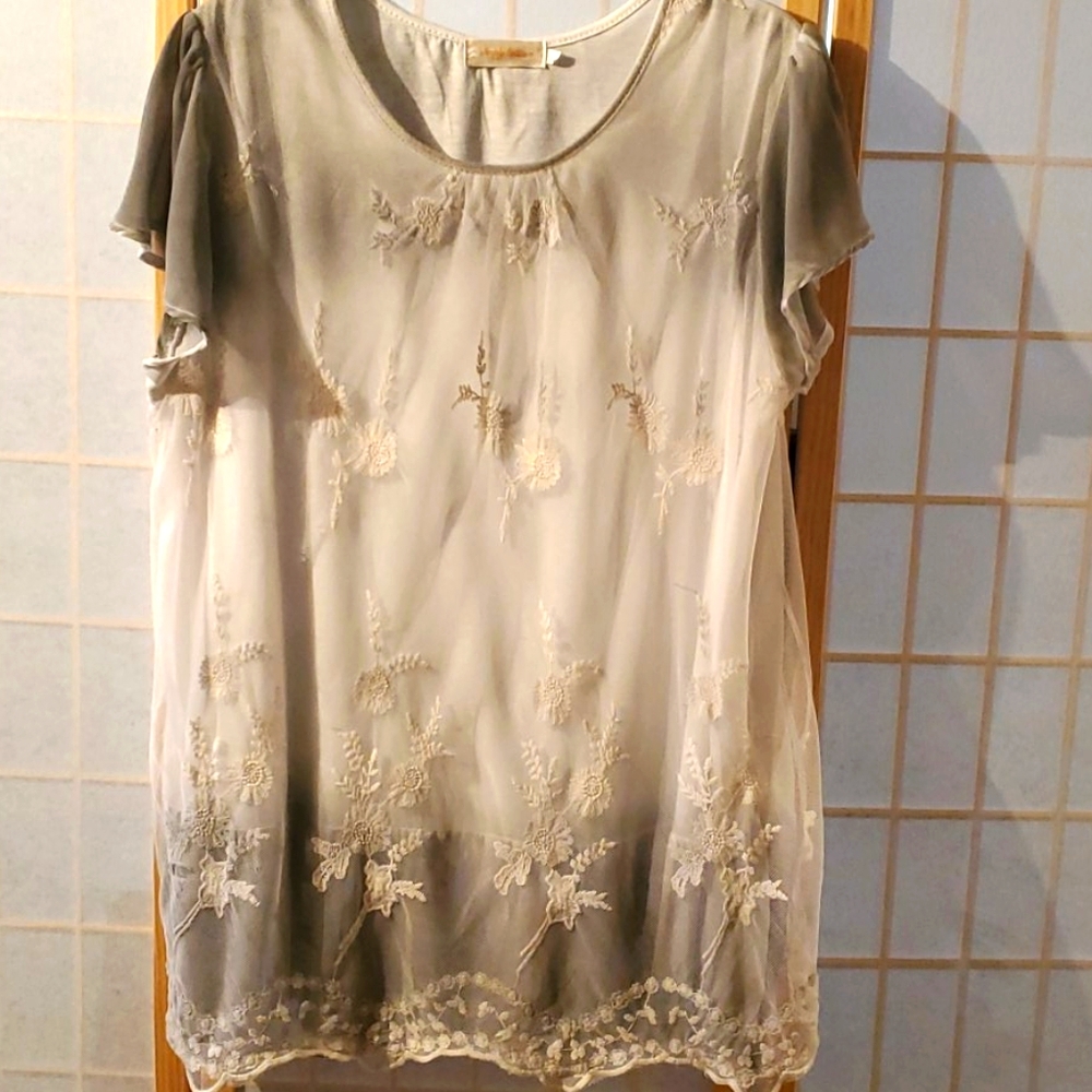 Gray Lace Short-Sleeved Top